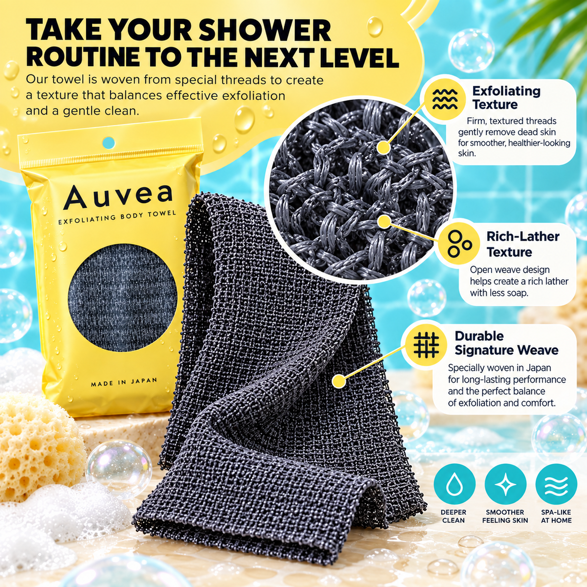 Auvea Exfoliating Body Towel – Deep Cleansing & Skin-Smoothing Shower Towel